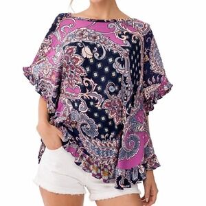 Honeyme Top Womens Medium Purple Paisley Ruffle Boho Peasant Festival Blouse